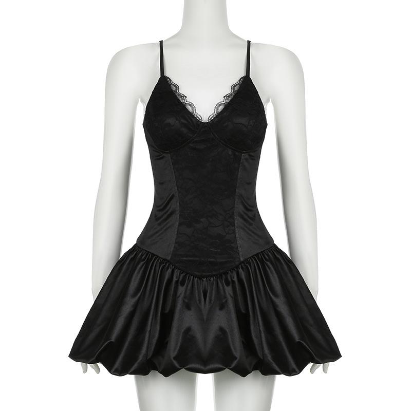 Women's Solid Colour Temperament Slim Lace Splicing V-neck Waist Thin A-line Halter Ballet Skirt