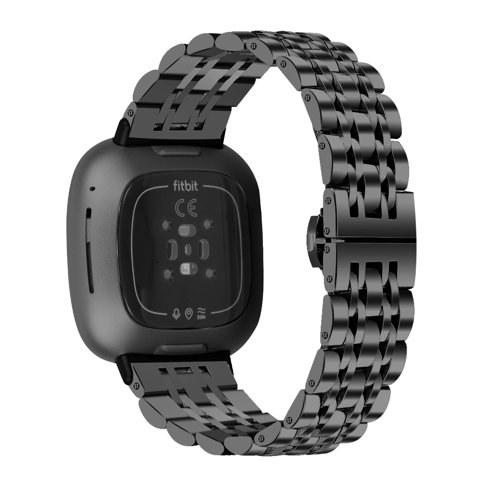 

For Fitbit Sense 2/Versa 4 Replacement Watch Band Stylish 7 Beads Stainless Steel Wrist Strap Black