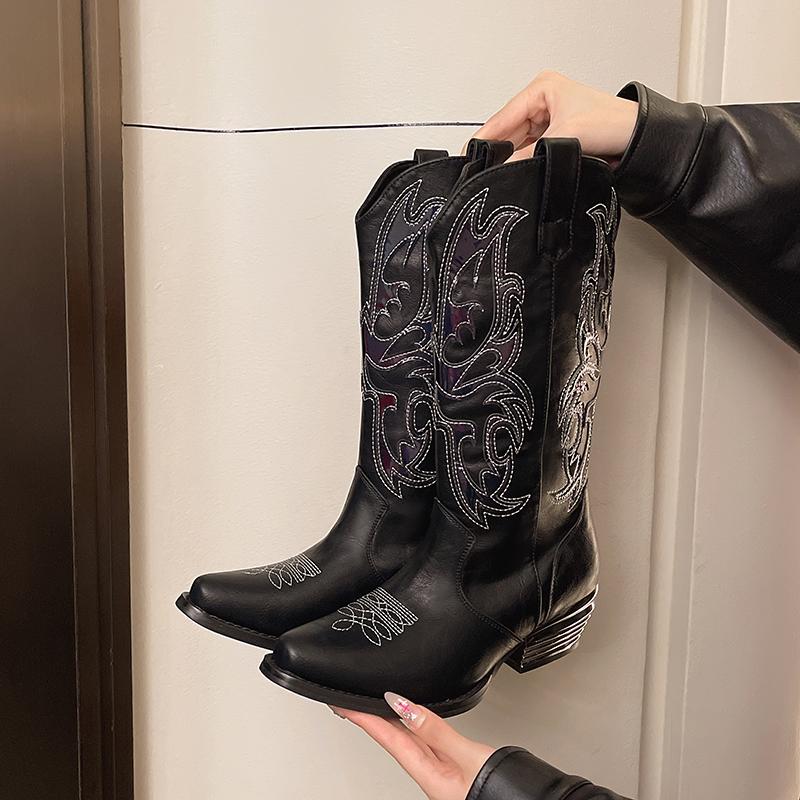 Mote Broderte Blokkhæl Enkeltstøvletter Dame Mote Spiss Tå Erme Sklisikker Slitesterk Medium