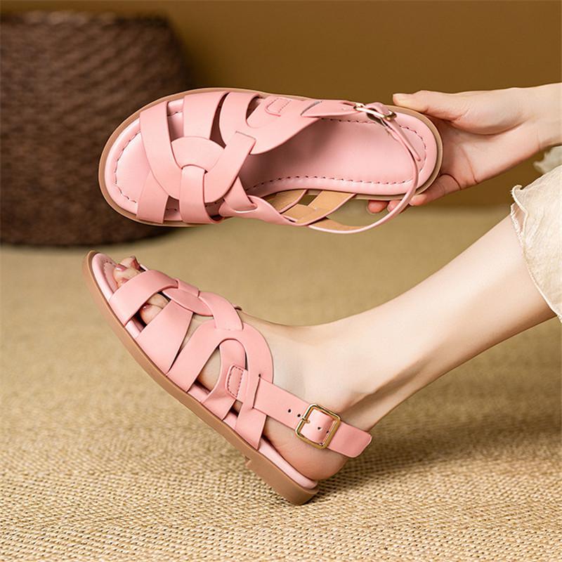 Fashion New Summer Sandals Split Leather Round Toe Sandals for Women Fashion Buckle Low Heel Sandals Ladies Shoes Women Gladiator Shoes