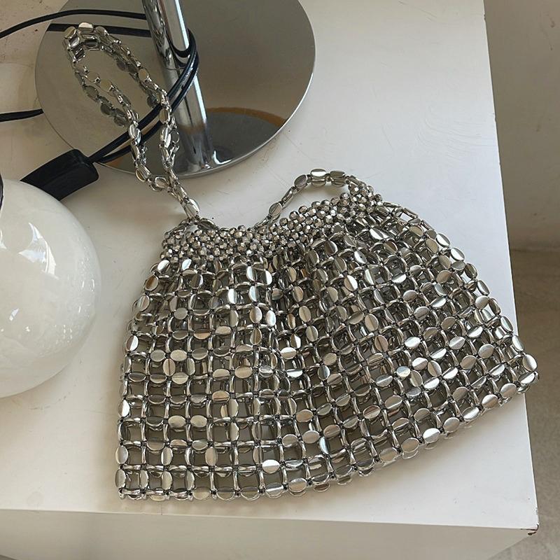 Yogodlns Women Summer Woven Hand Bag Luxury Design Hollow-out Silver Hand Woven Single Shoulder Underarm Bag