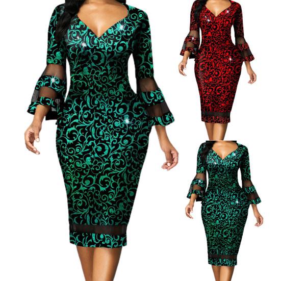 V-neck Net Yarn Stitching Midi Dress Waist Tight Fashionable Print 45720 Flare Sleeve