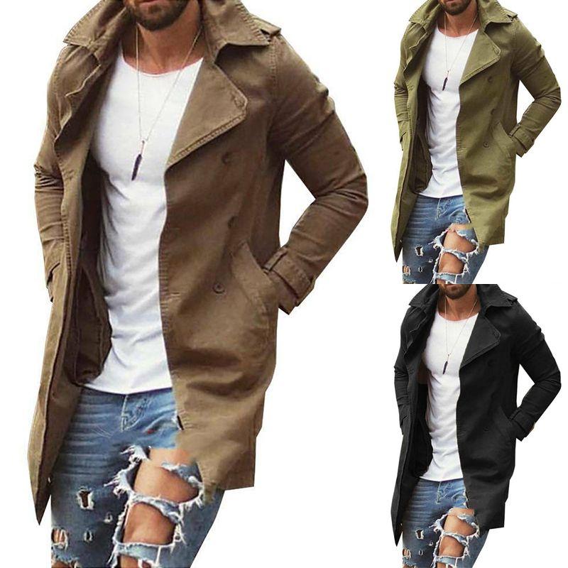 Men Lapel Trench Coat Outwear Overcoat Elegant Long Sleeve Winter Casual Warm Jacket