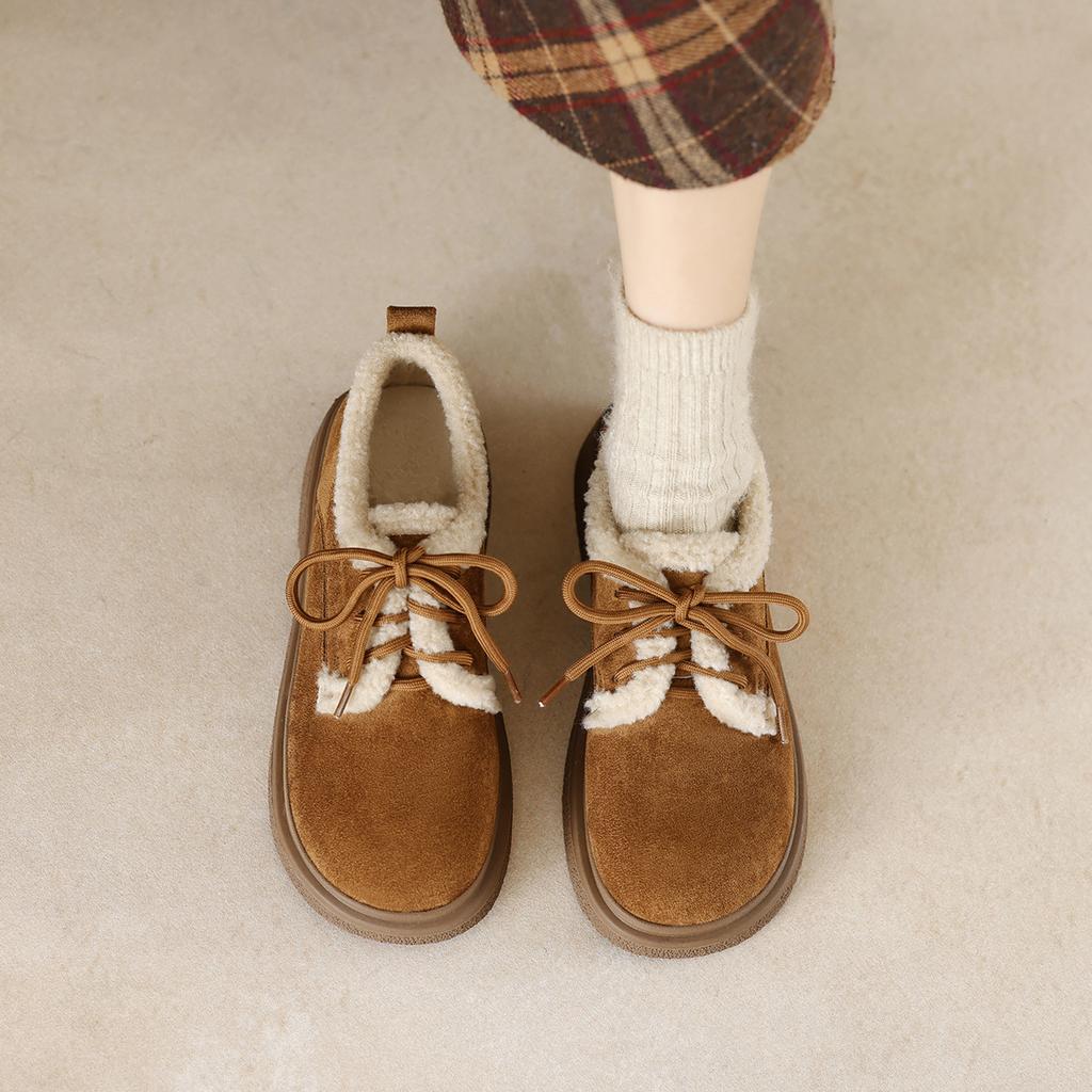 Thick-soled women's fleece retro single shoes lace-up winter warm cotton shoes