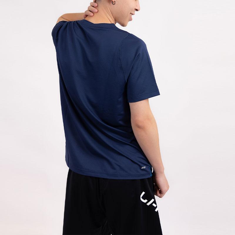 Li Ning Badminton Series Logo Stripe Pattern V-Neck Pullover Short Sleeve Raglan T-Shirt Unisex Tops Indigo AAYT583-4