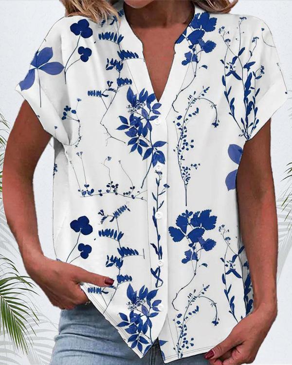 Women s Short Sleeve V-Neck Blue Floral Leaf Print Casual Shirt S