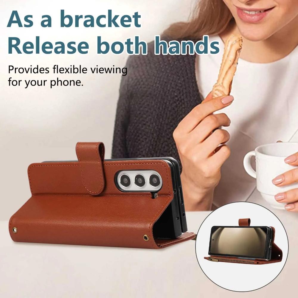 Lanyard+long Strap Crossbody Phone Case for Samsung Galaxy Z Fold 7 Fold6 5 4 3 Zipper&buckle Leather Card Holder Wallet Cover