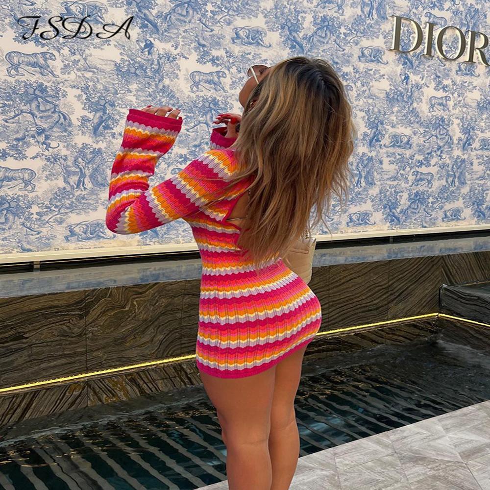 Streifen Stricken Frauen Strand Kleid Bodycon Rückenfrei Langarm Grün Casual Sommer Urlaub Sexy Kleider Party