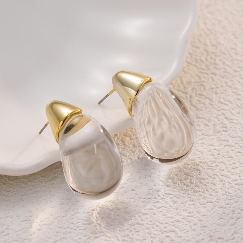 1 Pair Elegant Transparent Teardrop Earrings - Minimalist Chic Dangle Drops, KC Golden Plated for Women, Everyday & Party Jewelry