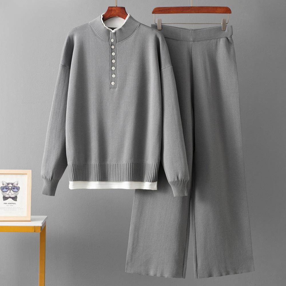 

Модный повседневный шерстяной костюм женский осенне-зимний новый свободный свитер вязаные широкие брюки комплект из двух предметов one size серый