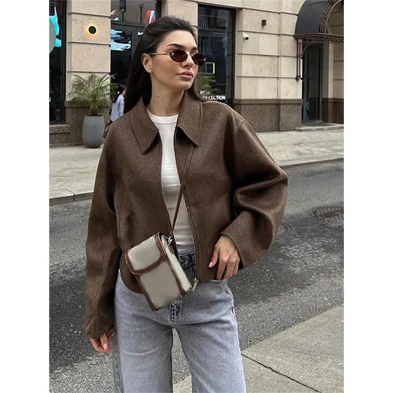Autumn Fashionable Solid Color Wide Zipper Woolen Jacket For Women
