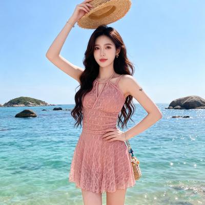 Women's Pink Halterneck Lace Swim Dress - Slimming One-Piece Swimsuit for Hot Springs, Tummy Coverage, Gentle Temperament
