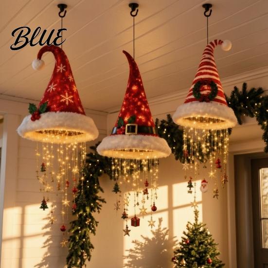 Überdachte Innenveranda Feiertagsdekoration Beleuchteter Weihnachtsmannhut Hängender Kronleuchter Warme LED-Lichterkette Pailletten-Kegel-Anhänger mit Party-Hintergrundbeleuchtung