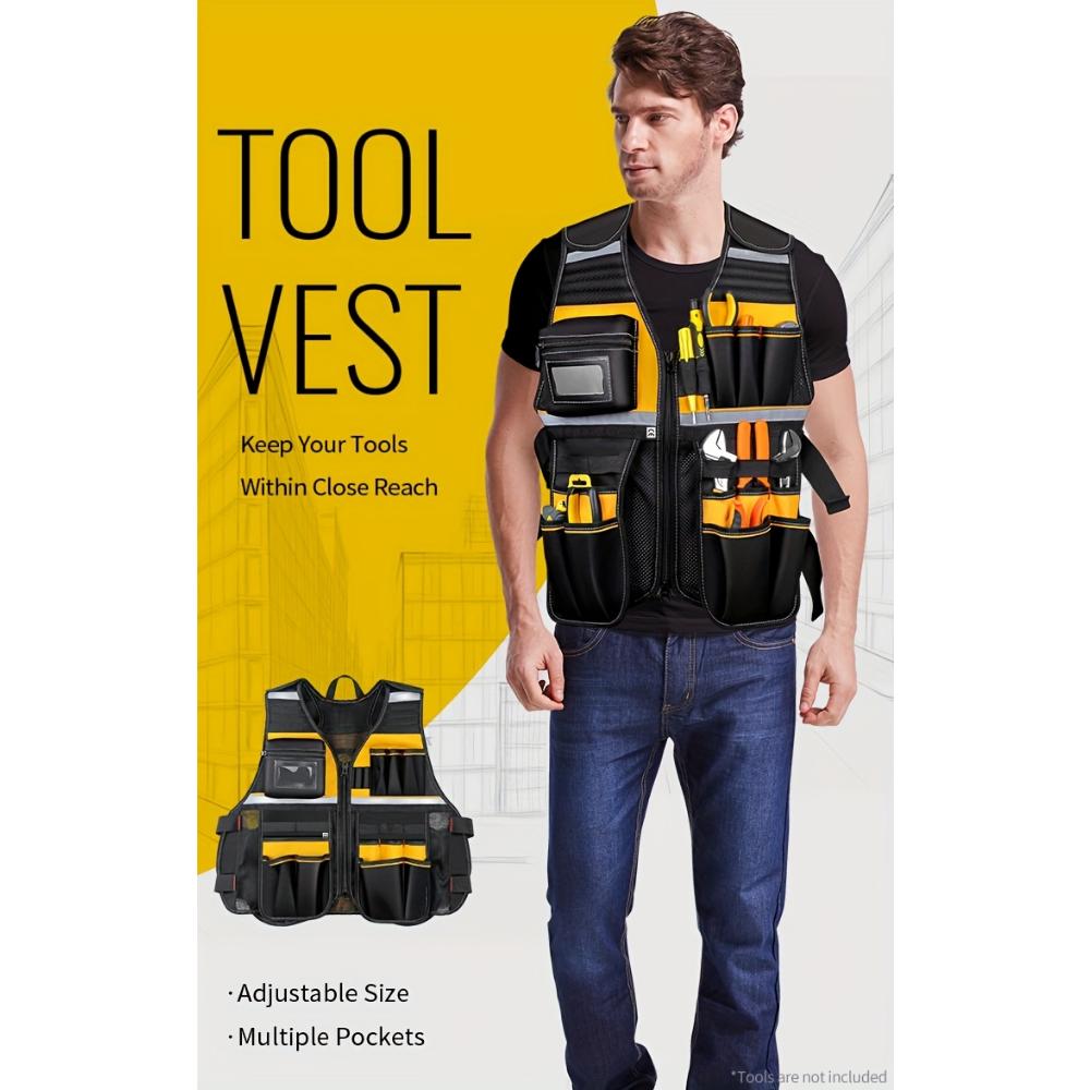 Nastavitelná vesta na elektrické nářadí - Odolná vícekapsová úložná taška pro údržbáře, tesařská pracovní vesta se zipovou kapsou, elektrické nářadí pro elektrikáře