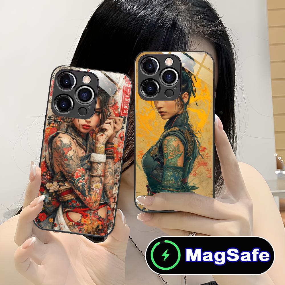 Retro Tattoo Girl Mobile Phone Case for iPhone 17 16 15 14 13 12 11 Air Pro Max Plus Mini MagSafe Glass Colorful Cover Pretty