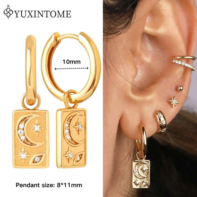 YUXINTOME 925 Silver Ear Needle Zircon Hoop gold Earrings For Women Square Plate Pendant Cutout Heart Earrings Fashion Jewelry
