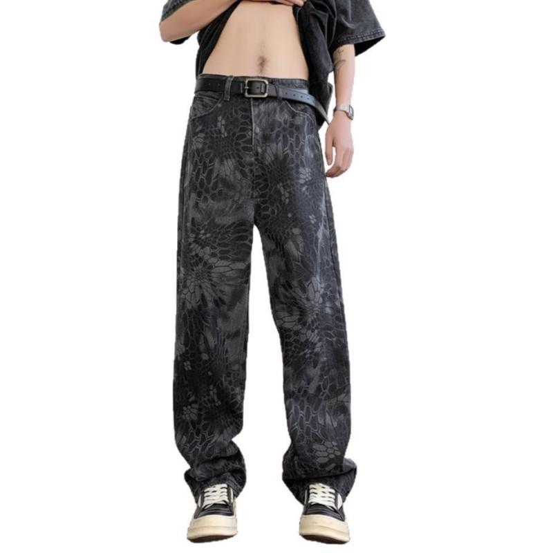 Mens Streetwear Camo Snake Print Loose Fit Straight Leg Denim Jeans Casual Fashion