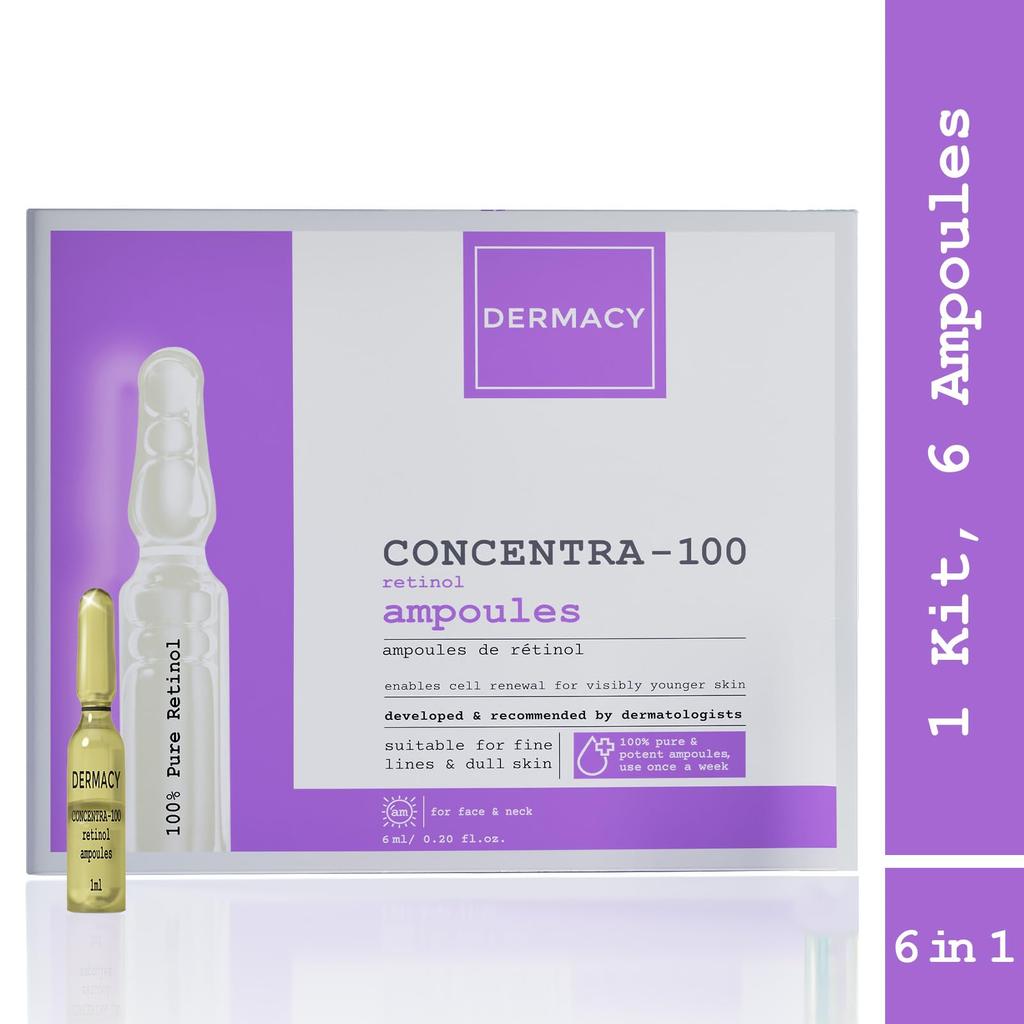 Dermacy Concentra -100 Ampolla de Retinol | Retinol 100% Puro | Antiedad | Líneas Finas | Piel Más Joven | 6 Ampollas En Un Kit | Para Mujeres y Hombres | Al