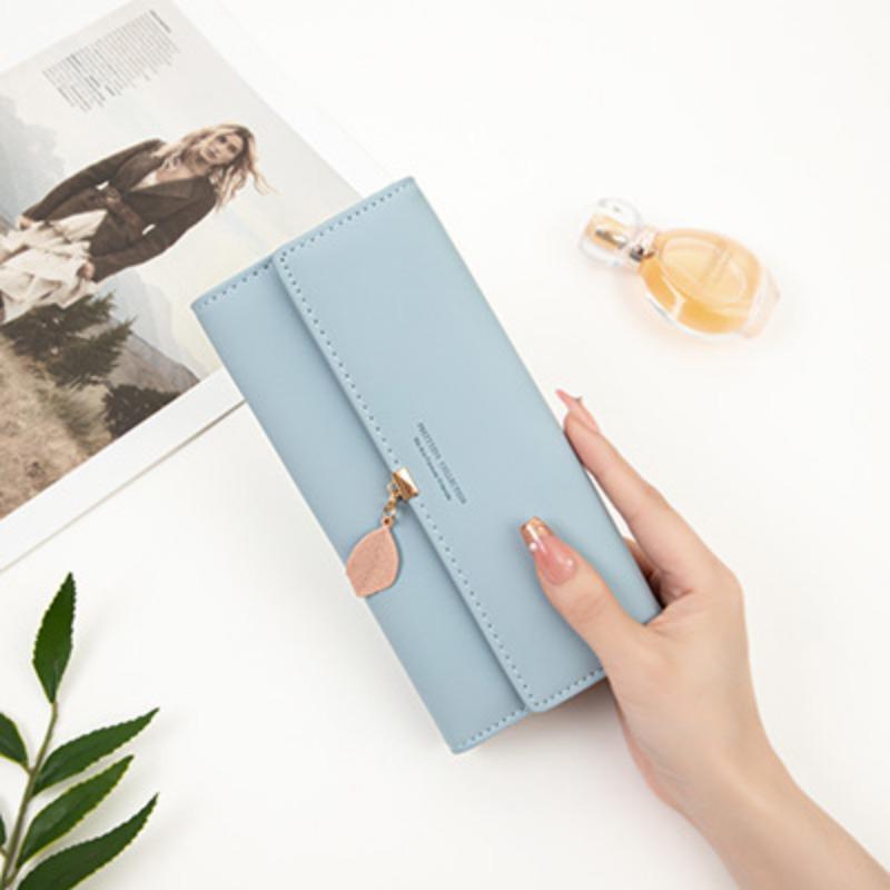 Women Long Wallet Korean PU Leather Leaf Pendant Tri-fold Bag Multi Function Clutch Large Capacity