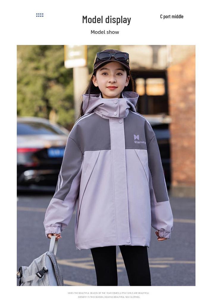 Girls' 3-in-1 Thickened Fleece-Lined Windproof Outdoor Jacket