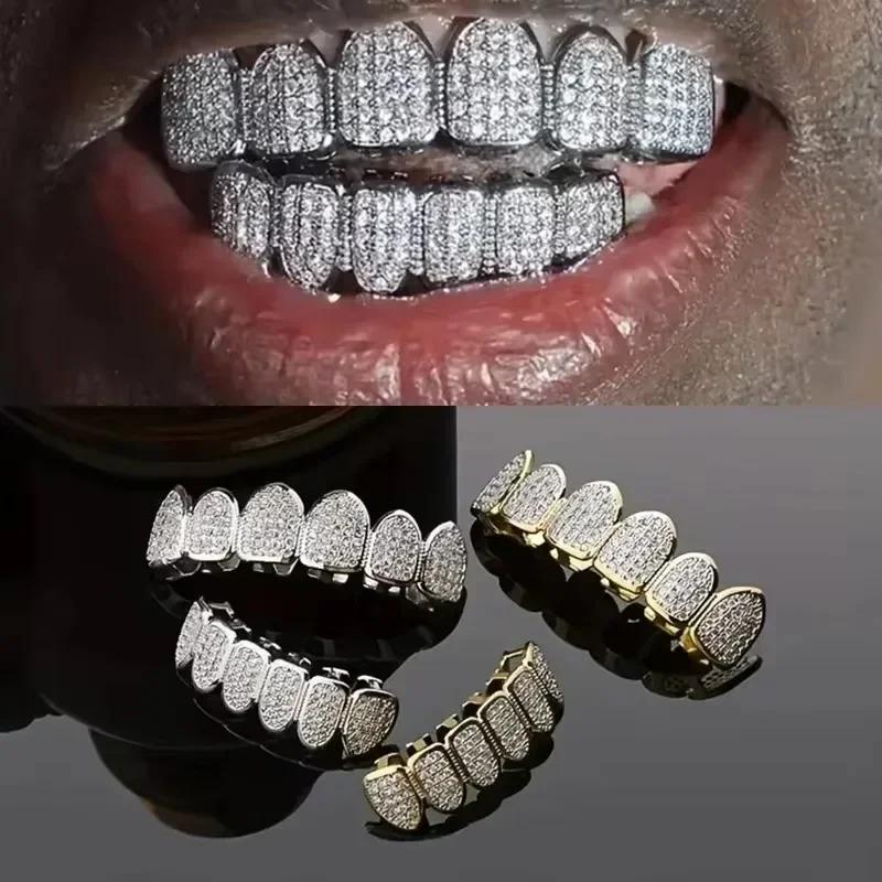 HipHop CZ Teeth Set For Unisex Top Bottom Mouth Gold  Color Teeth Tooth Cap Removable Dental Fashion Jewelry