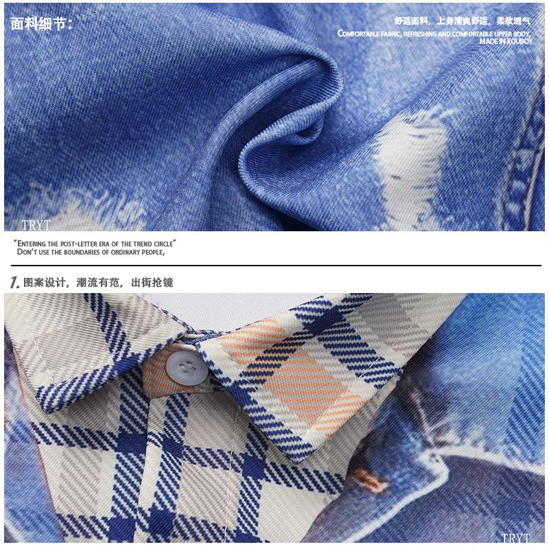 Foreign trade plaid short-sleeved shirt denim vest printed fake two-piece lapel loose design couple's men's clothing