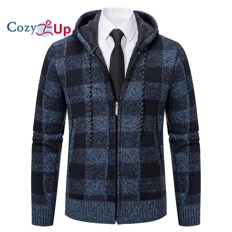 Cozy Up Men Sweater Coat  Autumn Winter Thick Warm Hooded Plaid Wool Sweater Cardigan  Zipper Fleece Coat Men