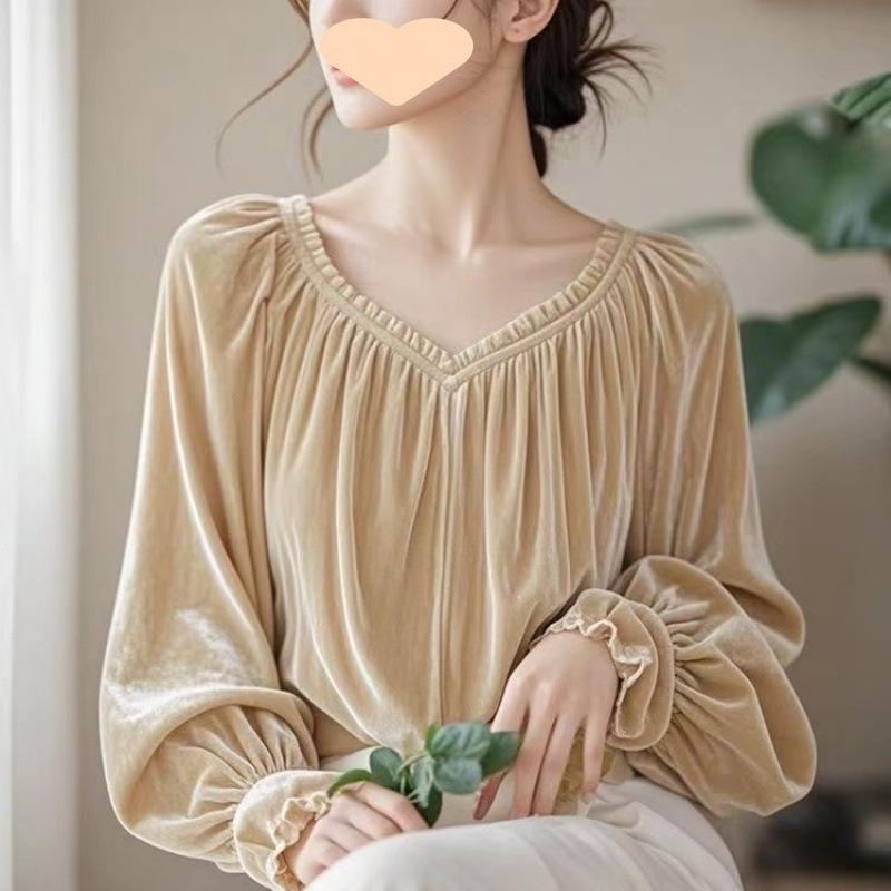 

Women s Solid-Color Beautiful Shirt for Spring and Fall Simple V-Neck Elegant Commuter Top M