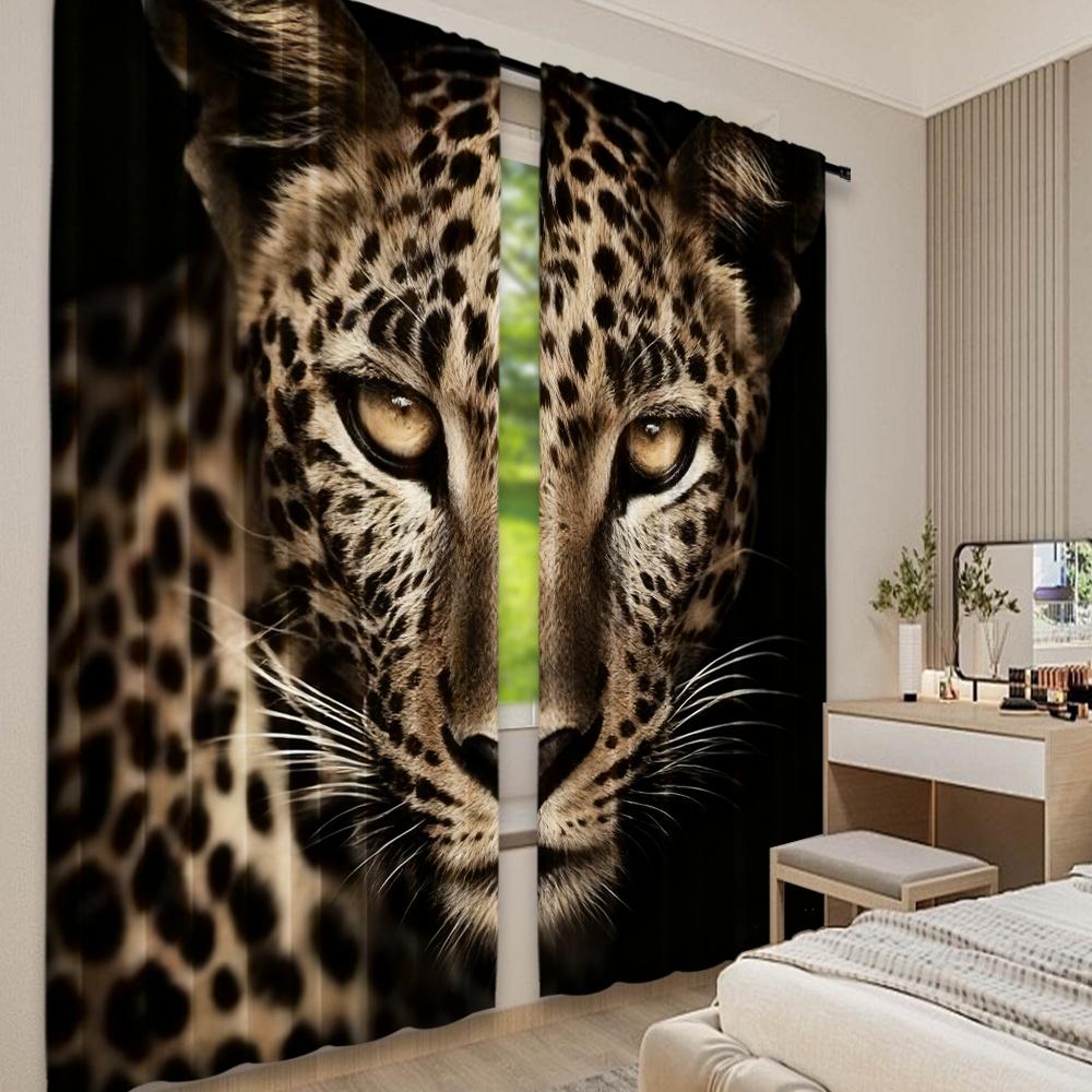Set Of 2 Flat Printing Curtains Fierceleopard Digital Printed Polyester Drapes Festive Wall Decor Use Indoor Outdoor Curtain
