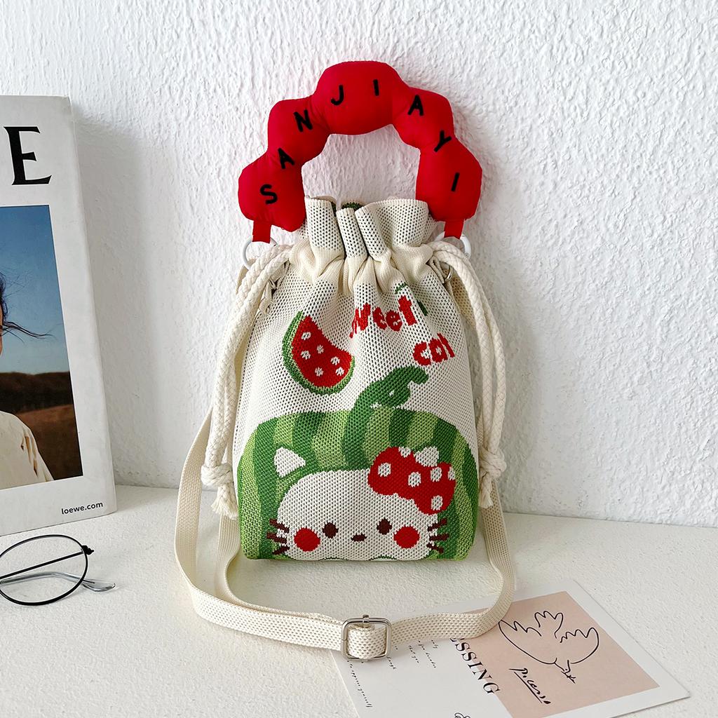 Knitted Bucket Lucky Bag Female Cartoon Gift Bag Hand Bag Casual Versatile Drawstring Handbag Bento Meal Bag