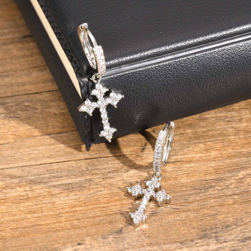 Mens Cross Earring,AAA Zircon Inlayed Metal Hoop Earrings,Hip Hop Luxurious Rap Cool Jewelry Gifts