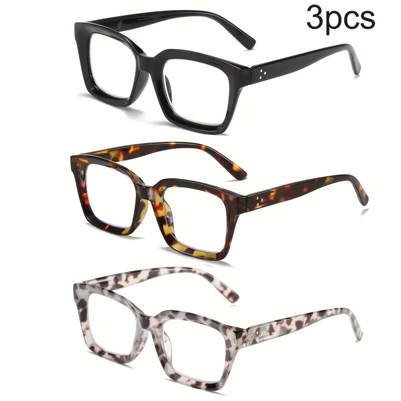 3 Pack Stylish Square Reading Glasses for Male Female Spring Hinge Blue Light Blocking Comfortable Fit Durable Construction