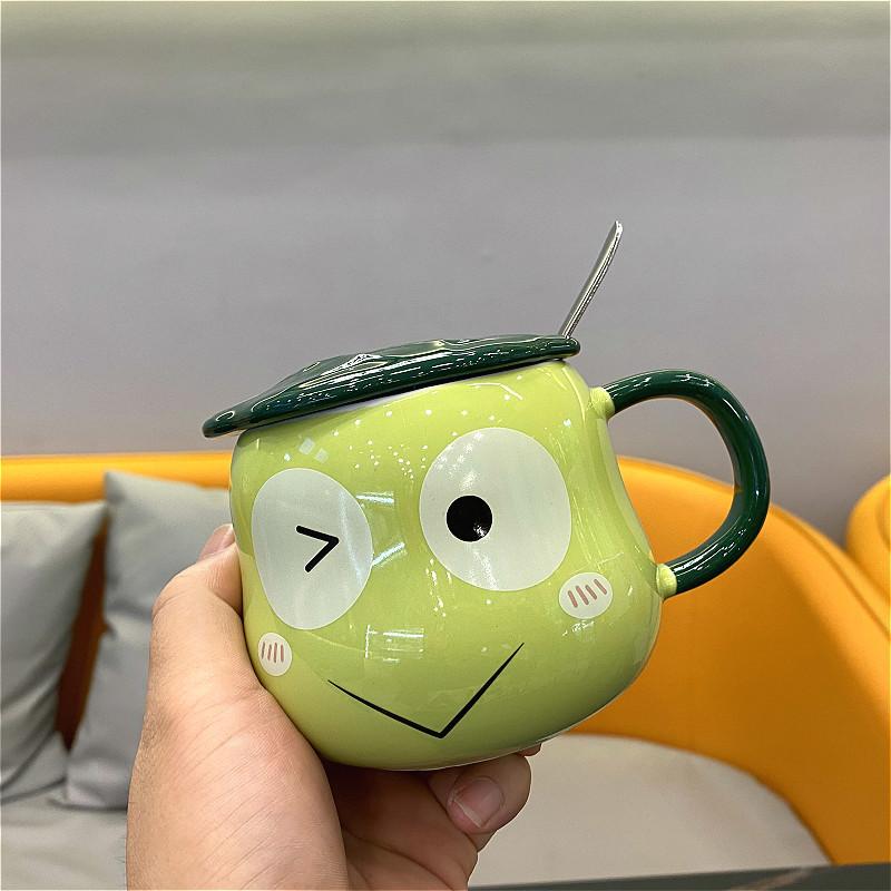 Kurbağa Kupa Seramik Lotus Yaprağı Kapaklı Kaşık, Yaratıcı Karikatür, Çocuk Sütü, Kahvaltı Kahve Kupası, İçecek Takımı Çay Kupası, 380ml