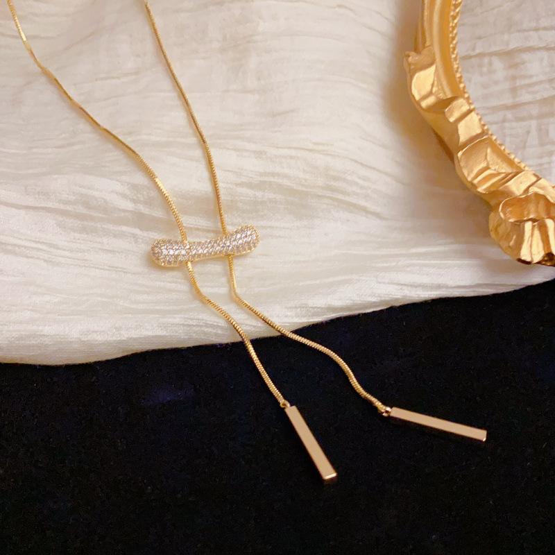 Hot Selling Fashion Tassel Pendant Necklace with Zircon Women Real Gold Plated Necklace Jewelry