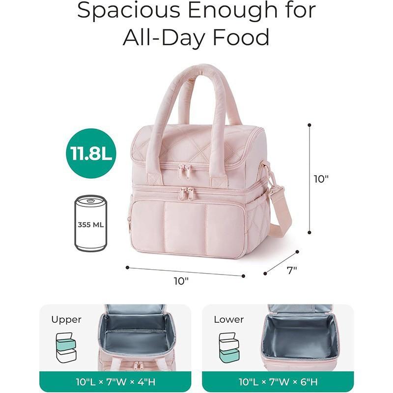 Portable Double Layer Insulated Lunch Bag Quilted Thermal Picnic Cooler Tote Leak-Proof Food Container for Work School Outdoor