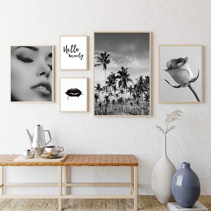 

Островной пейзаж, цветок розы, принт для губ, черно-белый плакат на скандинавскую тему, холст, настенная живопись, Декор для гостиной, изображение