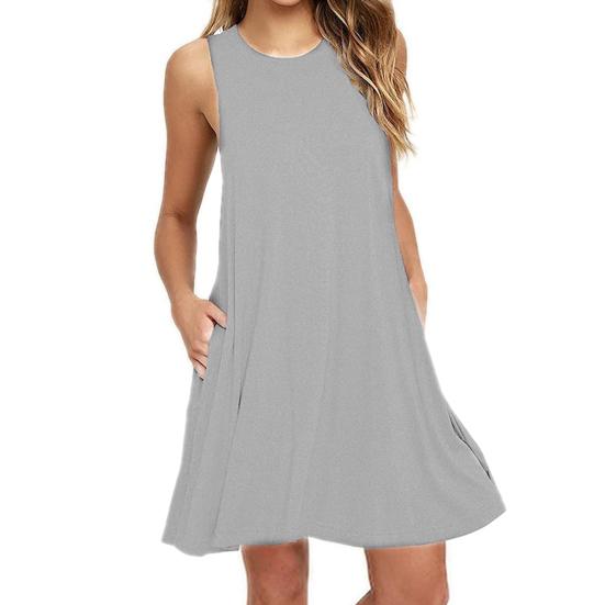 Women Dress Sleeveless Round Neck Cloth Simple Solid Color Midi Dress for Summer