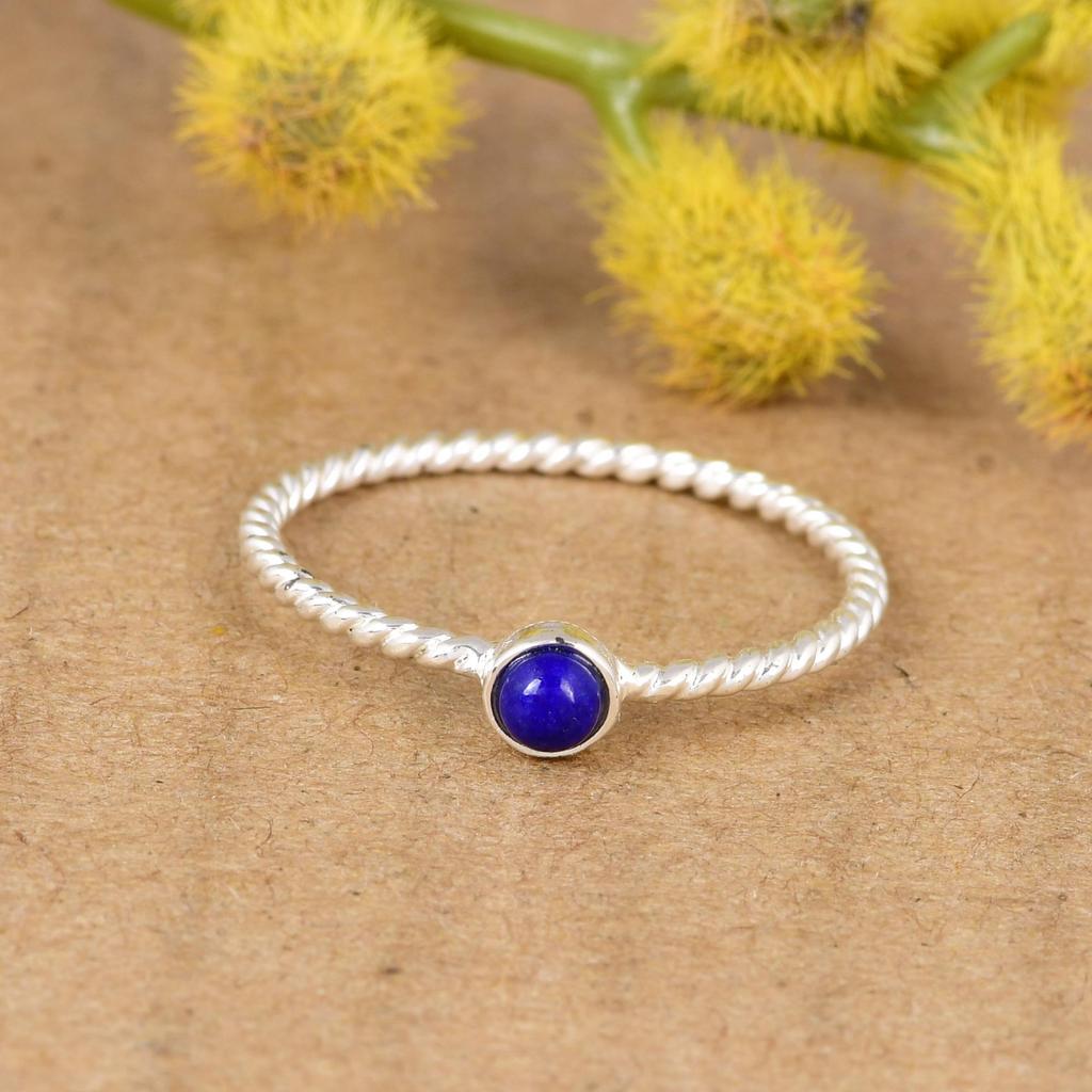 Natural Lapis Lazuli Ring, 925 Sterling Silver Ring, Minimalist Dainty Gemstone Ring Stackable Thin Twisted Band Handmade Jewelry Gift for Women