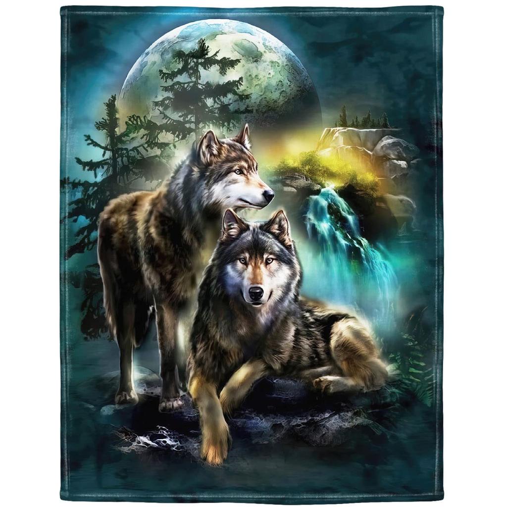 Wolf Series under the Moonlight digital-printed polyester velvet flannel cover blanket Fleece soft sofa cover blankets for beds