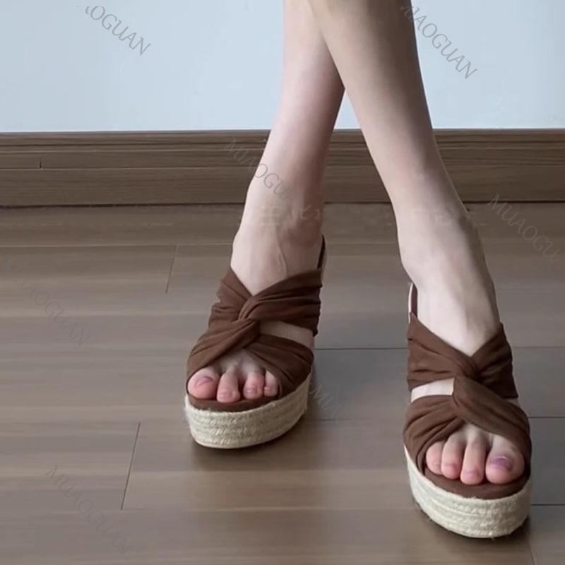 Fashion Women's Thick Bottom Slippers Summer Outdoor Wear Roman Straw Weave Wedges High Heels Sandals Casual Heightening Brown Slides