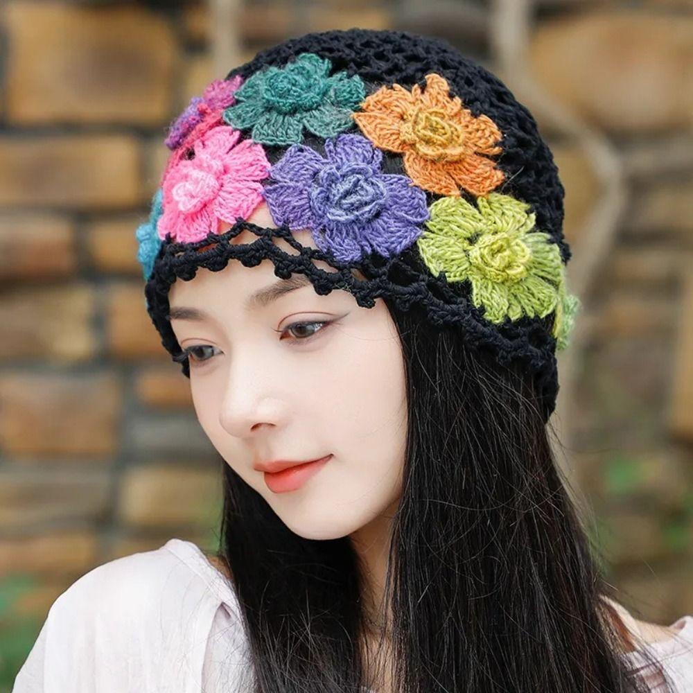 Crochet Flower Hollow Knitted Hat Colorful Ethnic Style Pullover Hat  Apparel Accessories