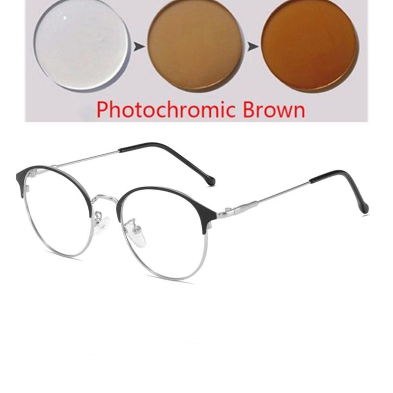 Herren Runde Anti Blaulicht Kurzsichtigkeitsbrille Damen Metall Myopie Photochromatische Korrektionsbrille 0 -0.5 -0.75 -1.0 Bis -6.0