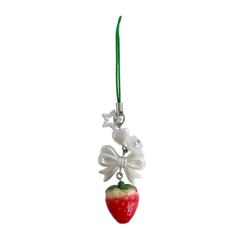 

Cute Strawberry Keychain Phone Charm Handmade Resin Material Bowknot Phone Strap Resin Material Gift for Women Girls