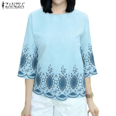 Women Casual Round Neck 3/4 Sleeve Loose Print Blouse