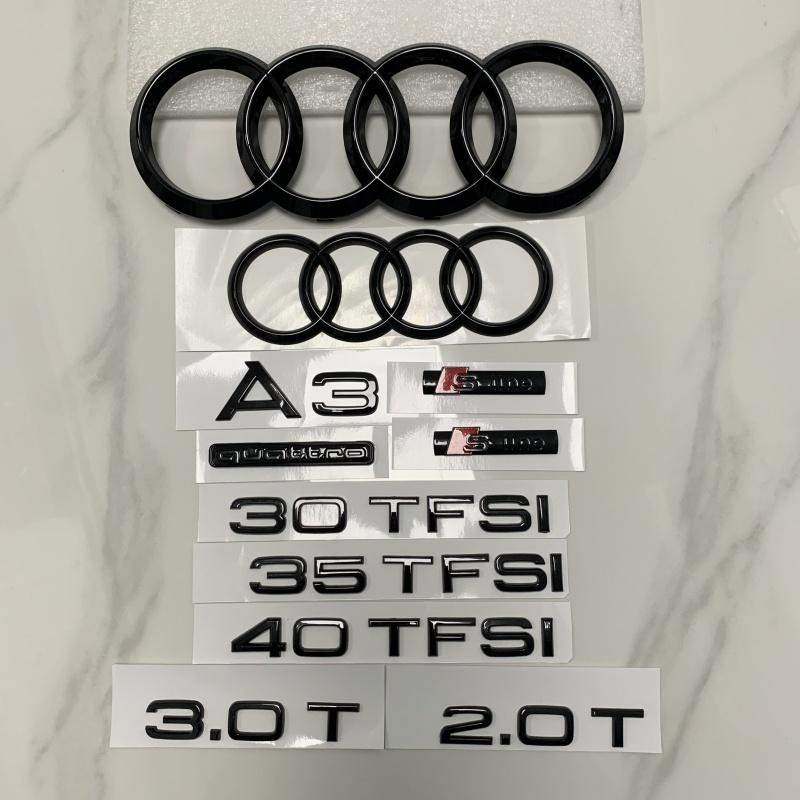 Audi A3 4-Ring Logo ABS Schwarz 2014-2024 Auto Motorhaube Frontgrill Heckklappe Emblem Abzeichen Aufkleber Quattro Sline A3 Zubehör Umbau