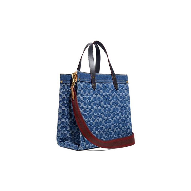 Coach Handbag Field 30 Large Capacity Water Corrugated Removable Shoulder Strap Fabric Tote Bag Shopping Bag Crossbody Shoulder Large Women's Navy