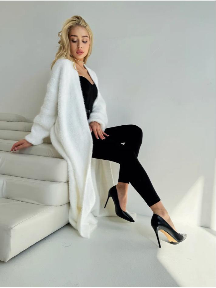 Women's Fluffy White Imitation Mink Knit Cardigan Jacket for Autumn/Winter