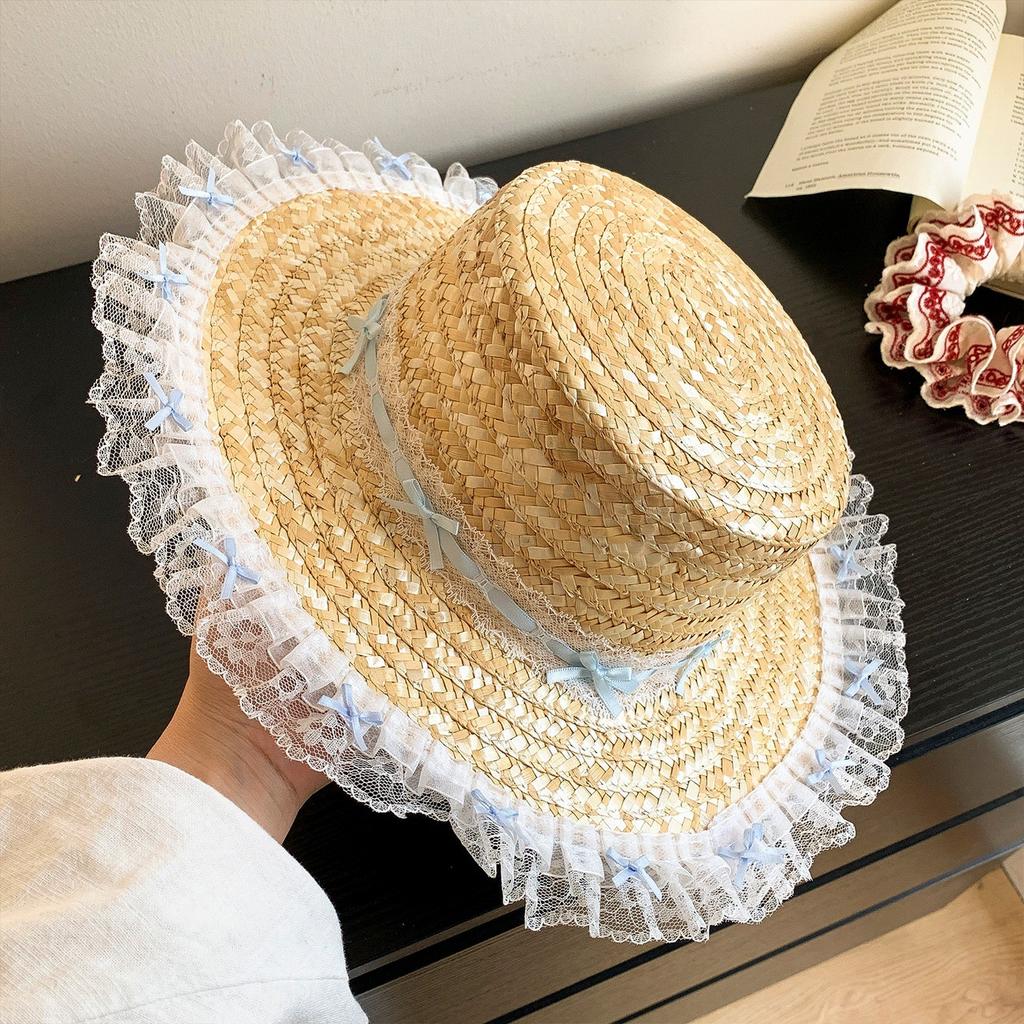 French Style Lace Bowknot Flat Top Straw Hat Women Summer Beach Sun Protection Luxury Woven Visor Sun Hat