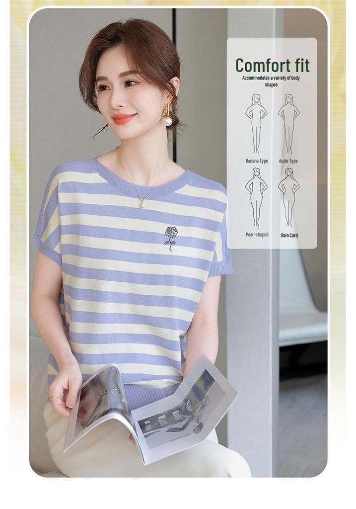 Stylish Summer Knit Striped Short-Sleeve T-shirt for Mom - Loose Fit, Round Neck, Ice Silk, Middle-Aged & Elderly Women