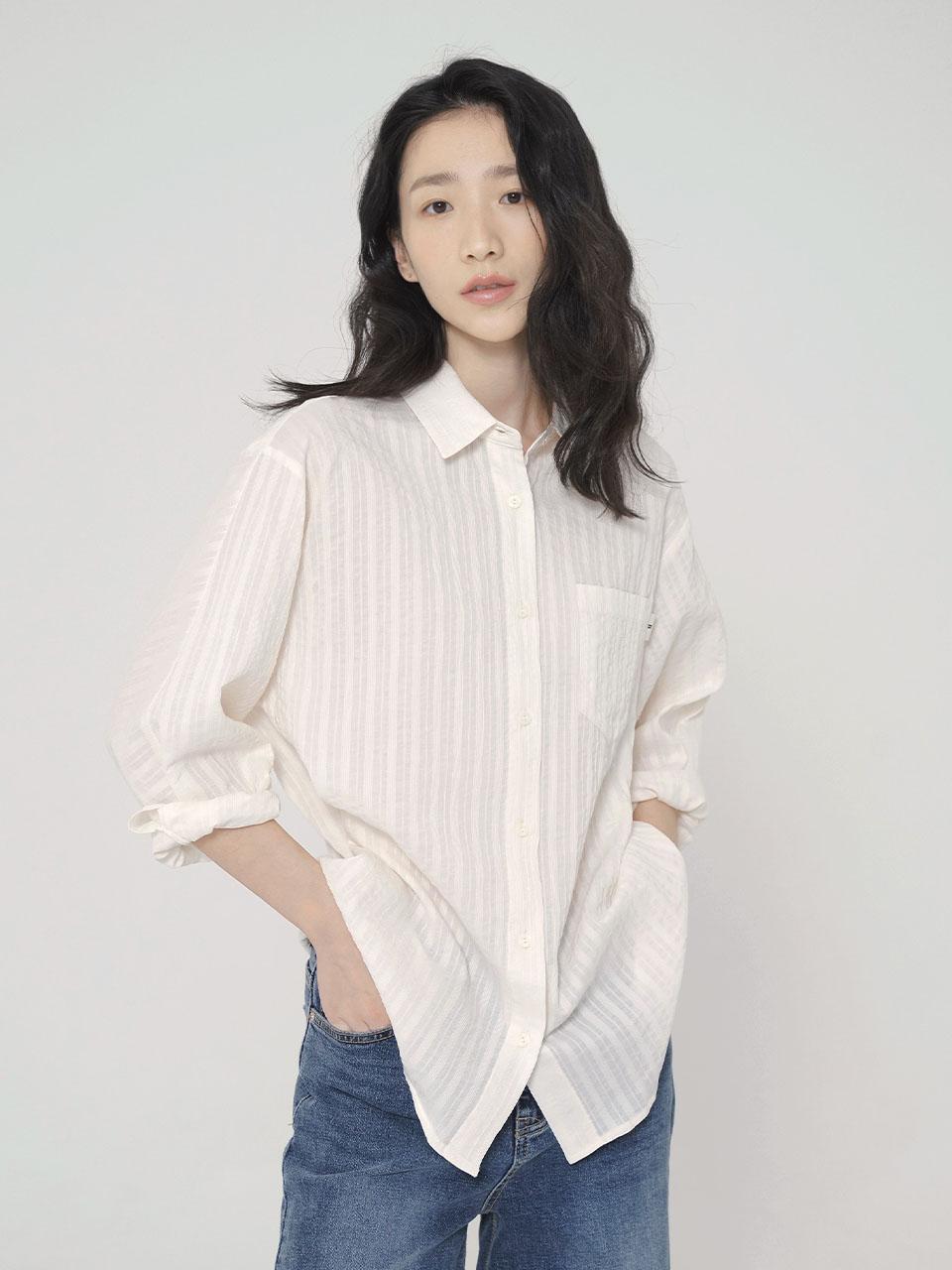 Ed Mang Patch Pocket Twist Sleeve Cotton Shirt - Ivory Ivory
